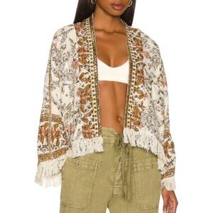 $148 Free People Rays of Light Jacket Kimono XS Boho Oversized Fringe Floral